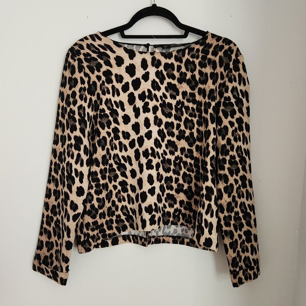Zara Leopard Cheetah Animal Print Boxy Long Sleeve Top Blouse XL